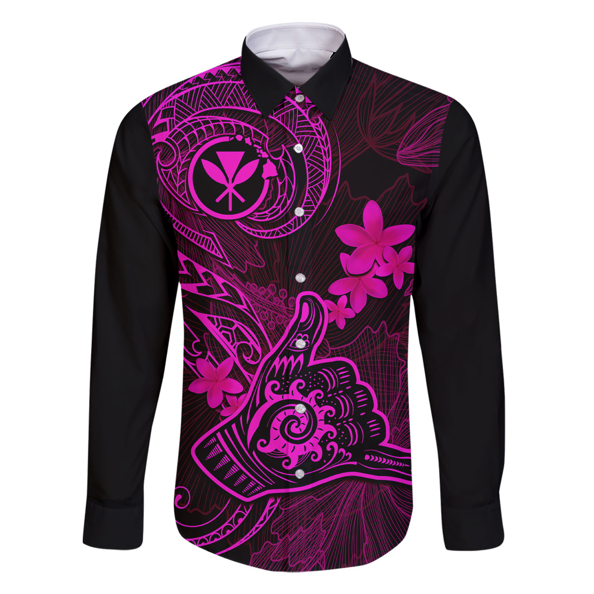 Hawaii Family Matching Long Sleeve Bodycon Dress and Hawaiian Shirt Shaka Tattoo Mix Polynesian Plumeria Pink Version - Wonder Print Shop