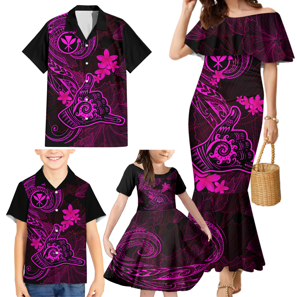 Hawaii Family Matching Mermaid Dress and Hawaiian Shirt Shaka Tattoo Mix Polynesian Plumeria Pink Version - Wonder Print Shop