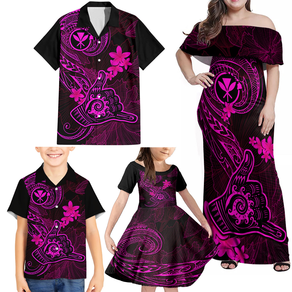 Hawaii Family Matching Off Shoulder Maxi Dress and Hawaiian Shirt Shaka Tattoo Mix Polynesian Plumeria Pink Version - Wonder Print Shop