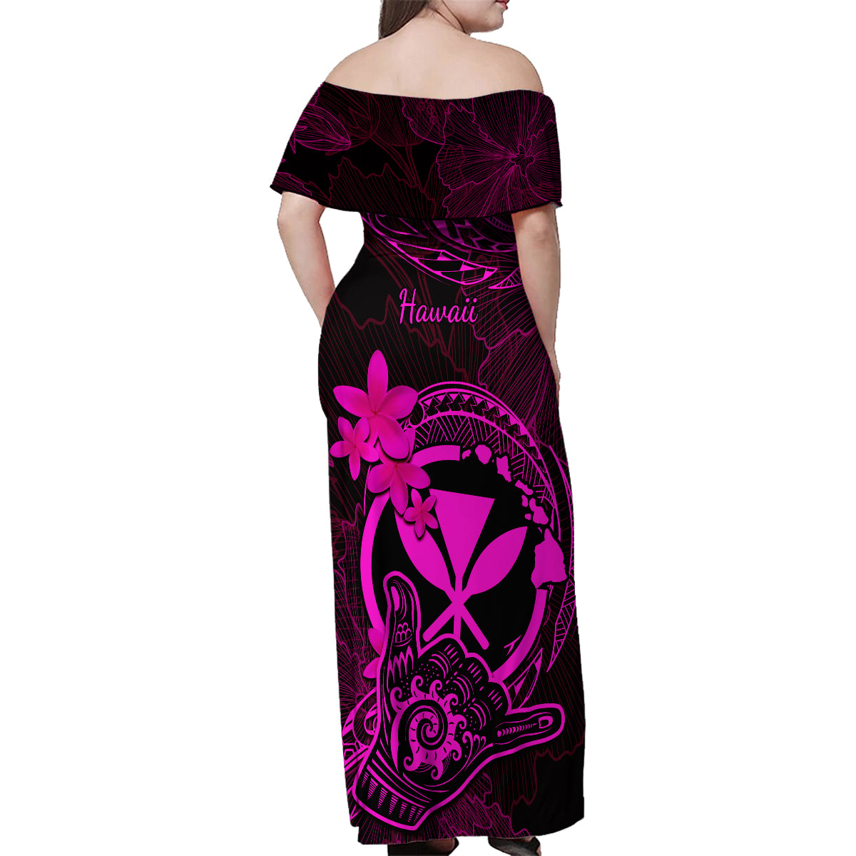 Hawaii Family Matching Off Shoulder Maxi Dress and Hawaiian Shirt Shaka Tattoo Mix Polynesian Plumeria Pink Version - Wonder Print Shop