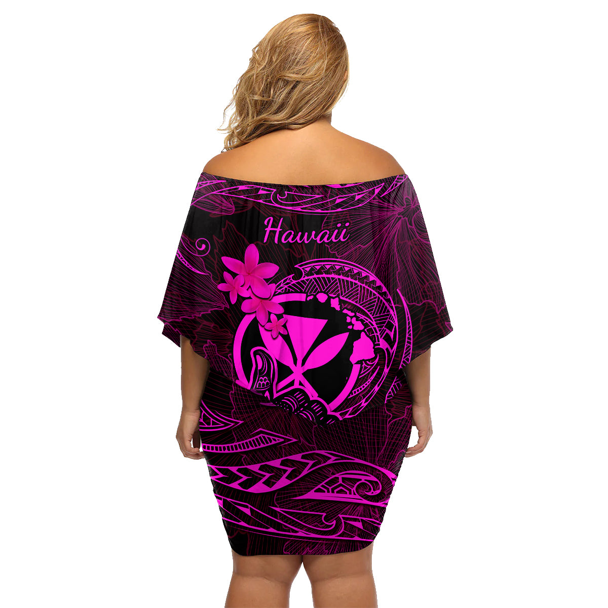 Hawaii Family Matching Off Shoulder Short Dress and Hawaiian Shirt Shaka Tattoo Mix Polynesian Plumeria Pink Version - Wonder Print Shop