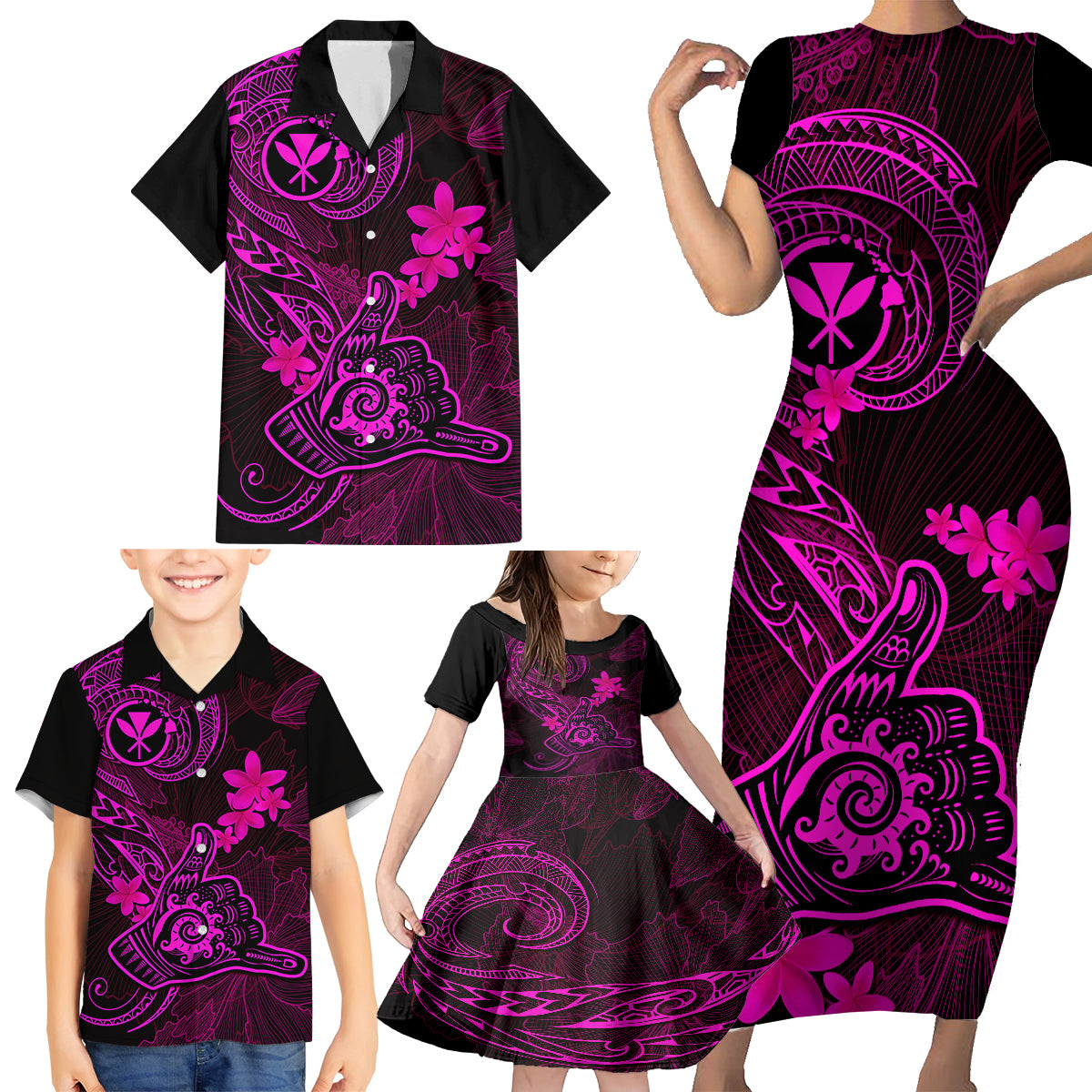 Hawaii Family Matching Short Sleeve Bodycon Dress and Hawaiian Shirt Shaka Tattoo Mix Polynesian Plumeria Pink Version - Wonder Print Shop