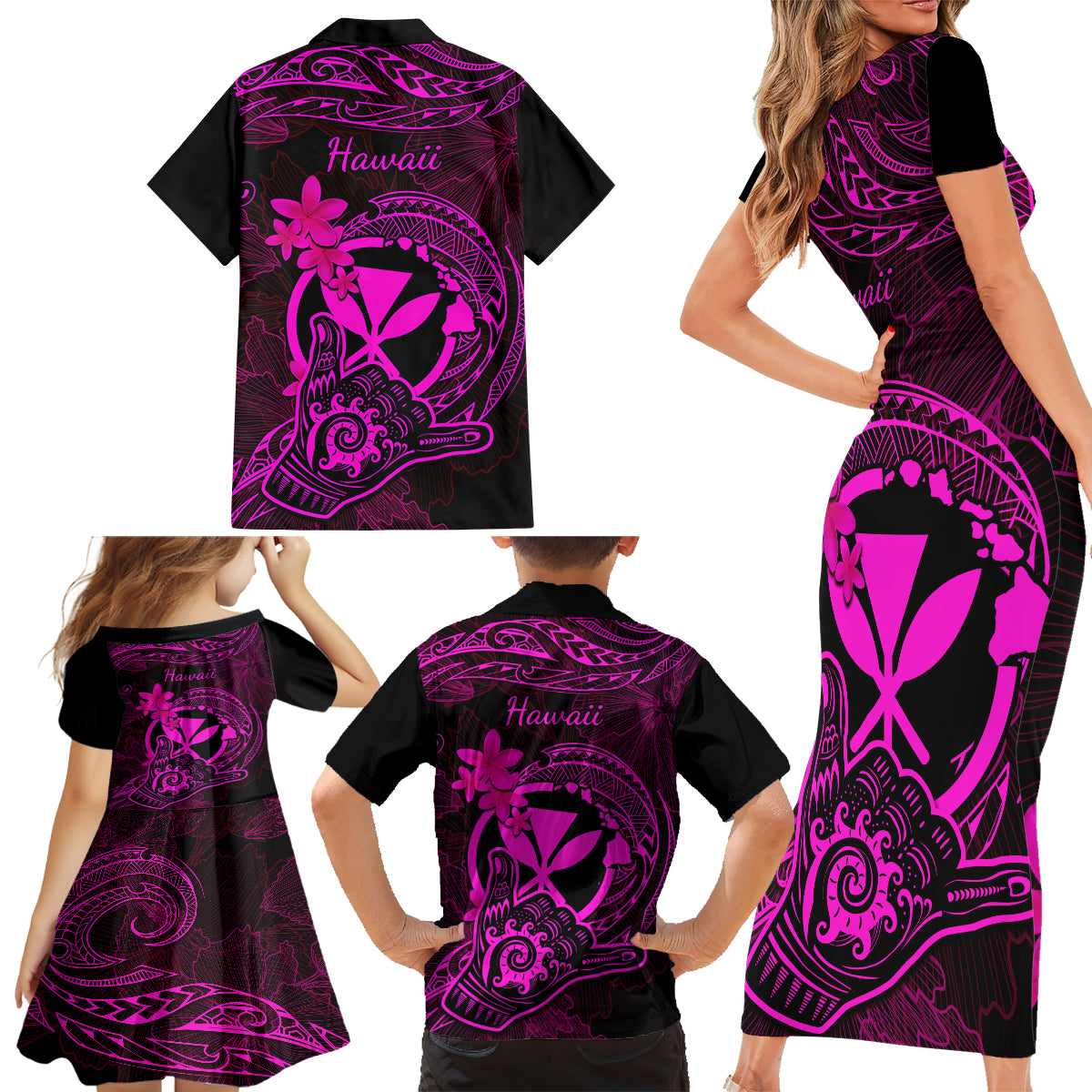 Hawaii Family Matching Short Sleeve Bodycon Dress and Hawaiian Shirt Shaka Tattoo Mix Polynesian Plumeria Pink Version - Wonder Print Shop