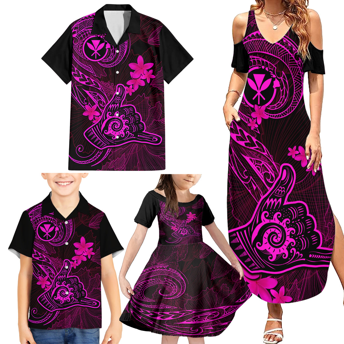 Hawaii Family Matching Summer Maxi Dress and Hawaiian Shirt Shaka Tattoo Mix Polynesian Plumeria Pink Version - Wonder Print Shop