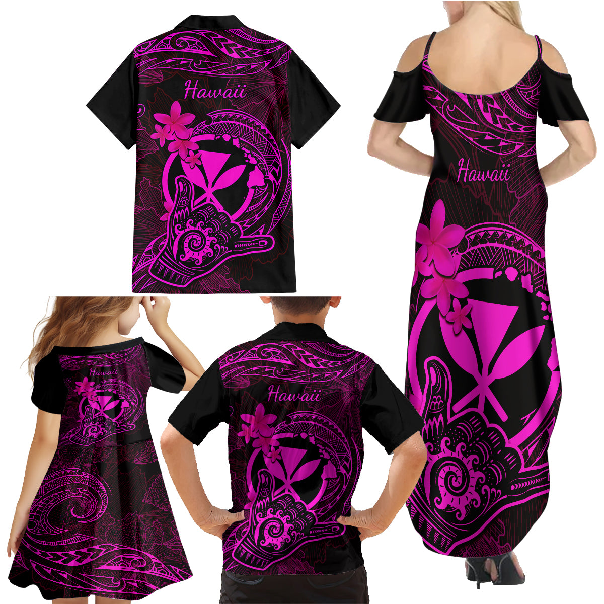 Hawaii Family Matching Summer Maxi Dress and Hawaiian Shirt Shaka Tattoo Mix Polynesian Plumeria Pink Version - Wonder Print Shop