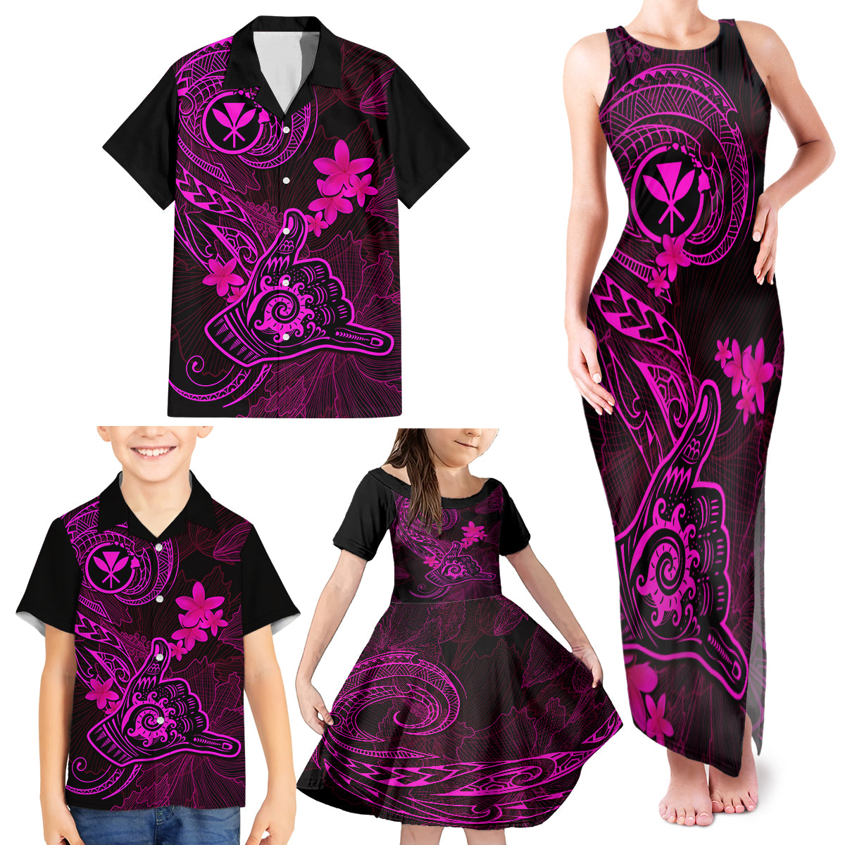 Hawaii Family Matching Tank Maxi Dress and Hawaiian Shirt Shaka Tattoo Mix Polynesian Plumeria Pink Version - Wonder Print Shop