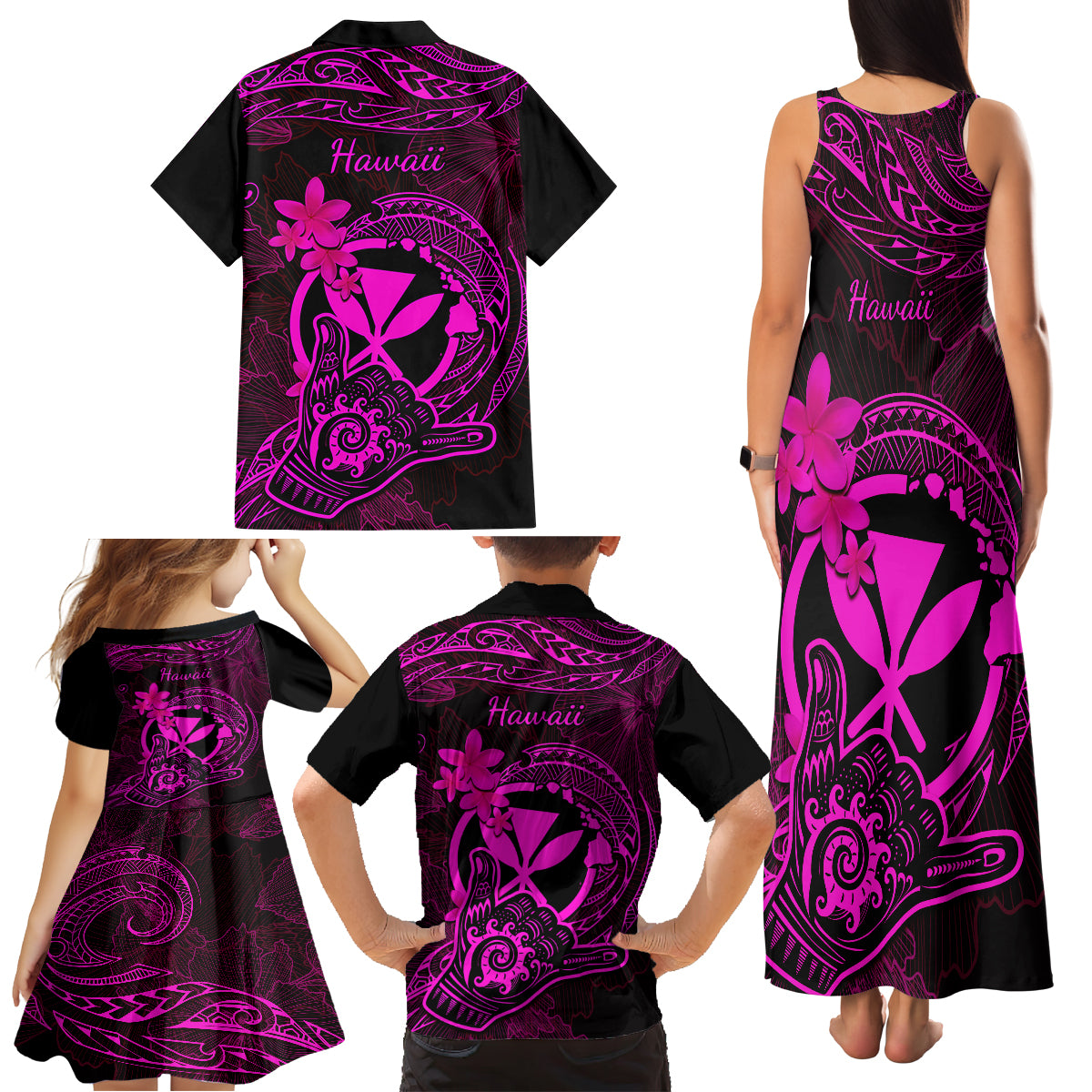 Hawaii Family Matching Tank Maxi Dress and Hawaiian Shirt Shaka Tattoo Mix Polynesian Plumeria Pink Version - Wonder Print Shop