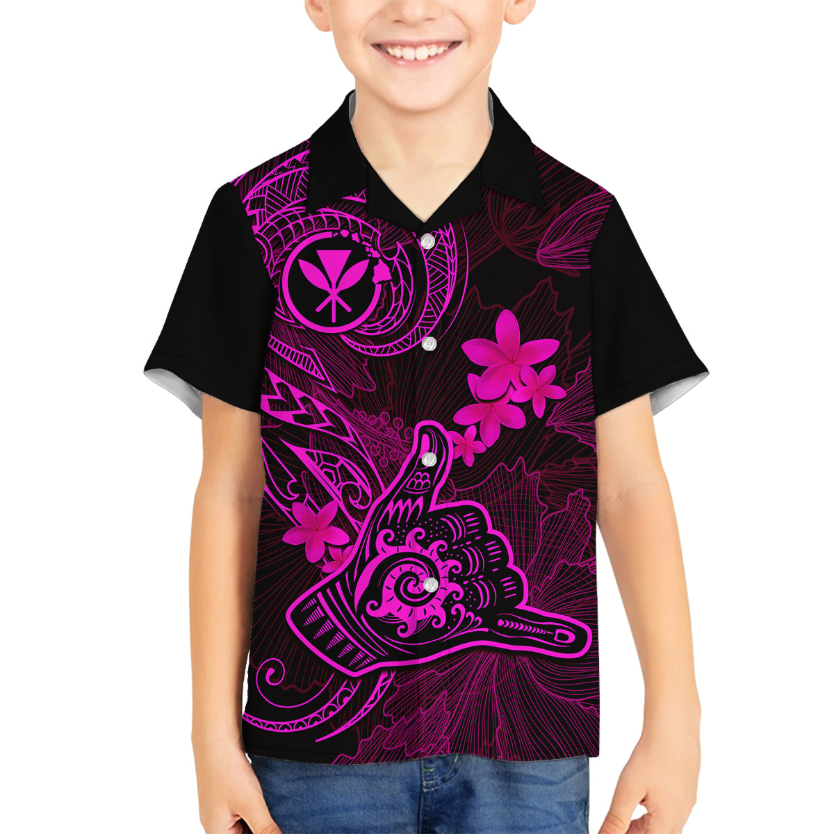 Hawaii Kid Hawaiian Shirt Shaka Tattoo Mix Polynesian Plumeria Pink Version - Wonder Print Shop