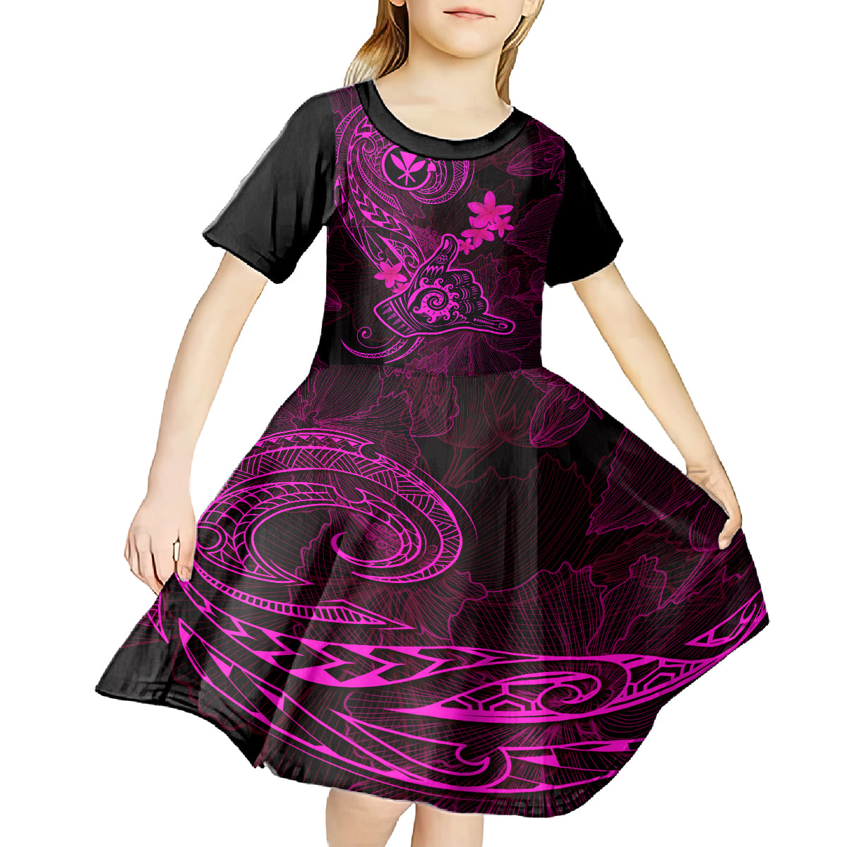 Hawaii Kid Short Sleeve Dress Shaka Tattoo Mix Polynesian Plumeria Pink Version - Wonder Print Shop
