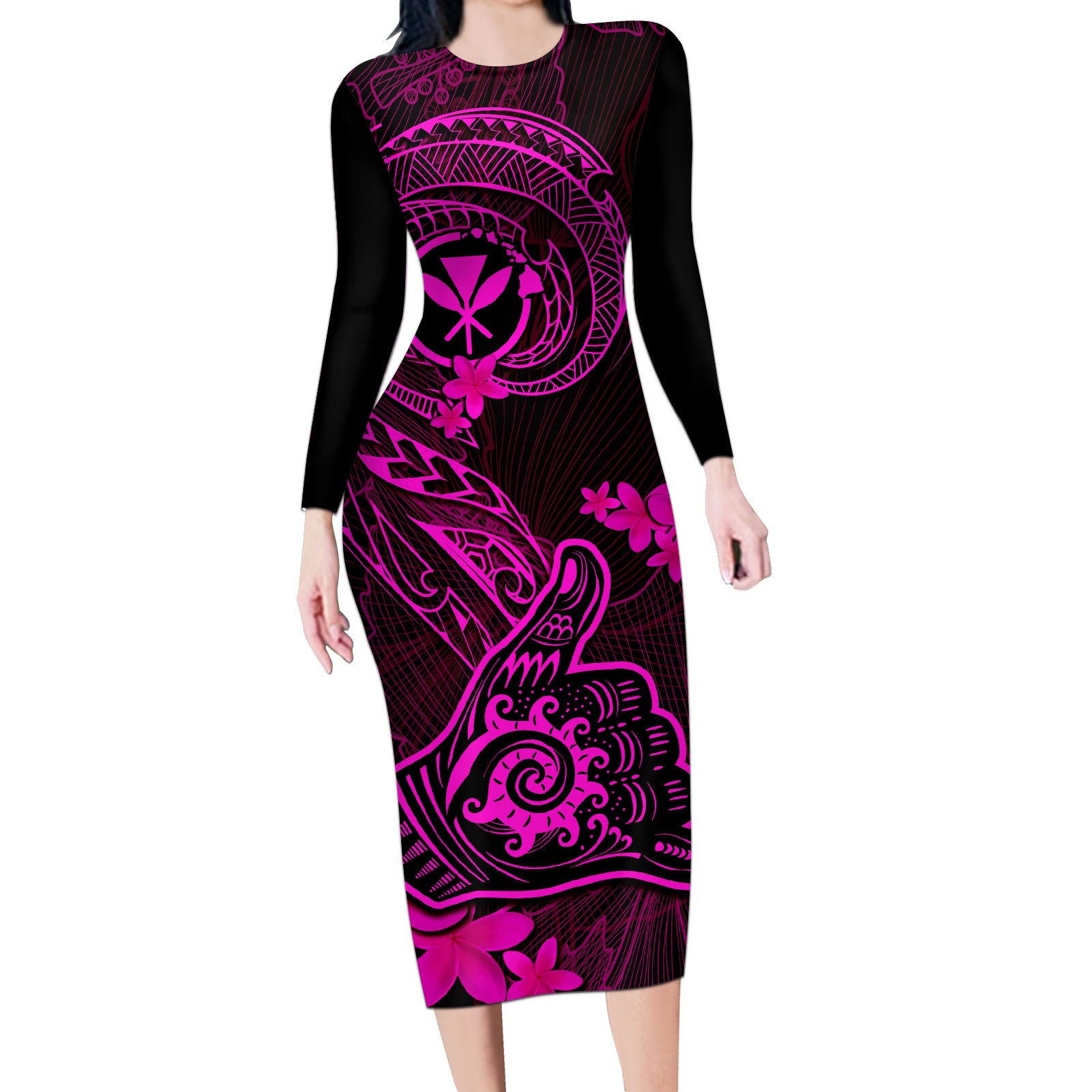 Hawaii Long Sleeve Bodycon Dress Shaka Tattoo Mix Polynesian Plumeria Pink Version - Wonder Print Shop