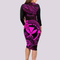 Hawaii Long Sleeve Bodycon Dress Shaka Tattoo Mix Polynesian Plumeria Pink Version - Wonder Print Shop