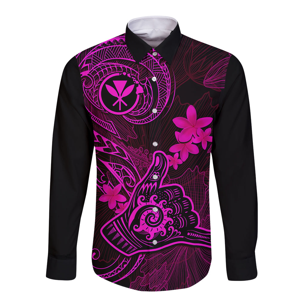 Hawaii Long Sleeve Button Shirt Shaka Tattoo Mix Polynesian Plumeria Pink Version - Wonder Print Shop