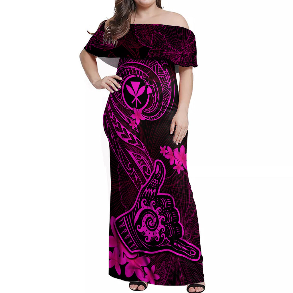 Hawaii Off Shoulder Maxi Dress Shaka Tattoo Mix Polynesian Plumeria Pink Version - Wonder Print Shop