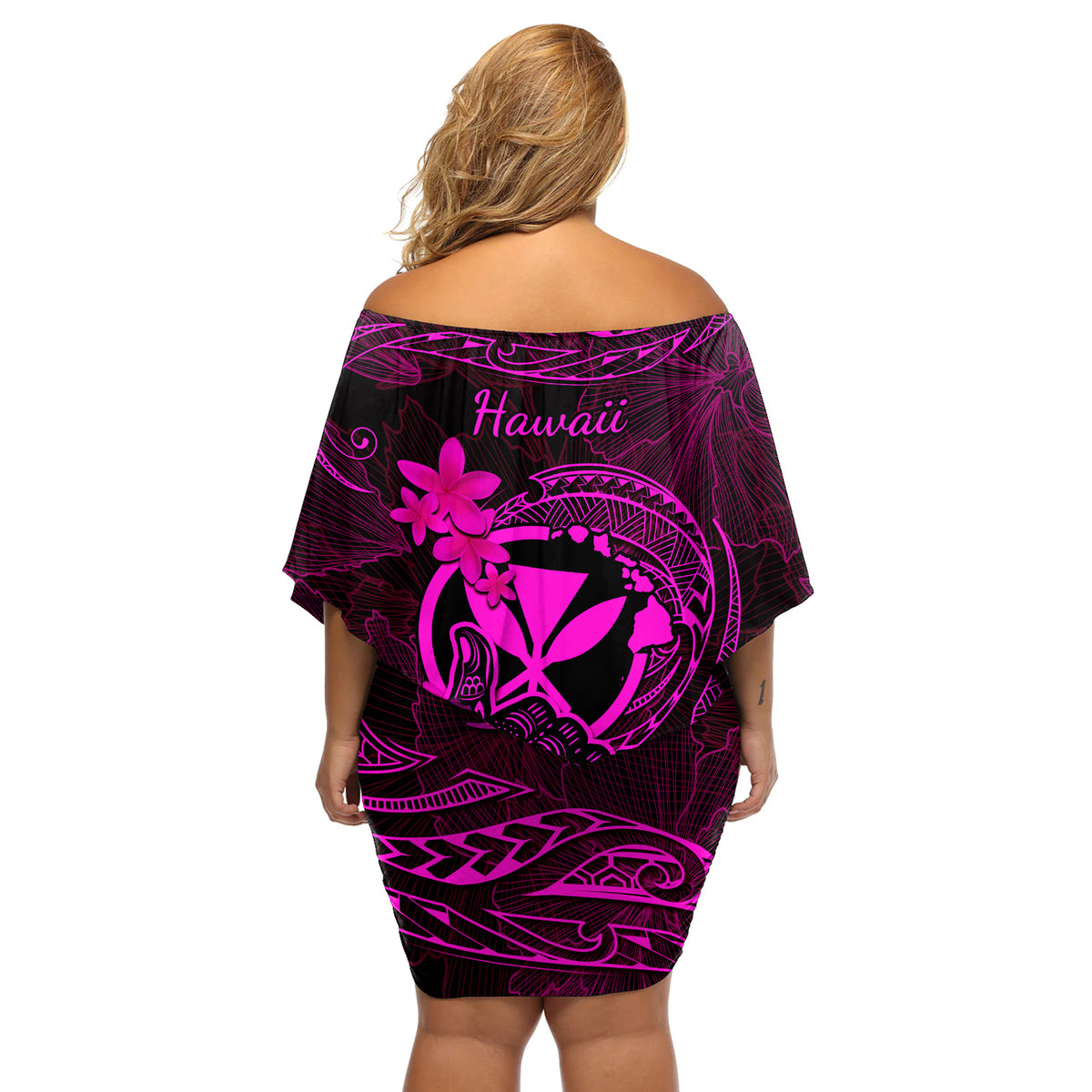 Hawaii Off Shoulder Short Dress Shaka Tattoo Mix Polynesian Plumeria Pink Version - Wonder Print Shop