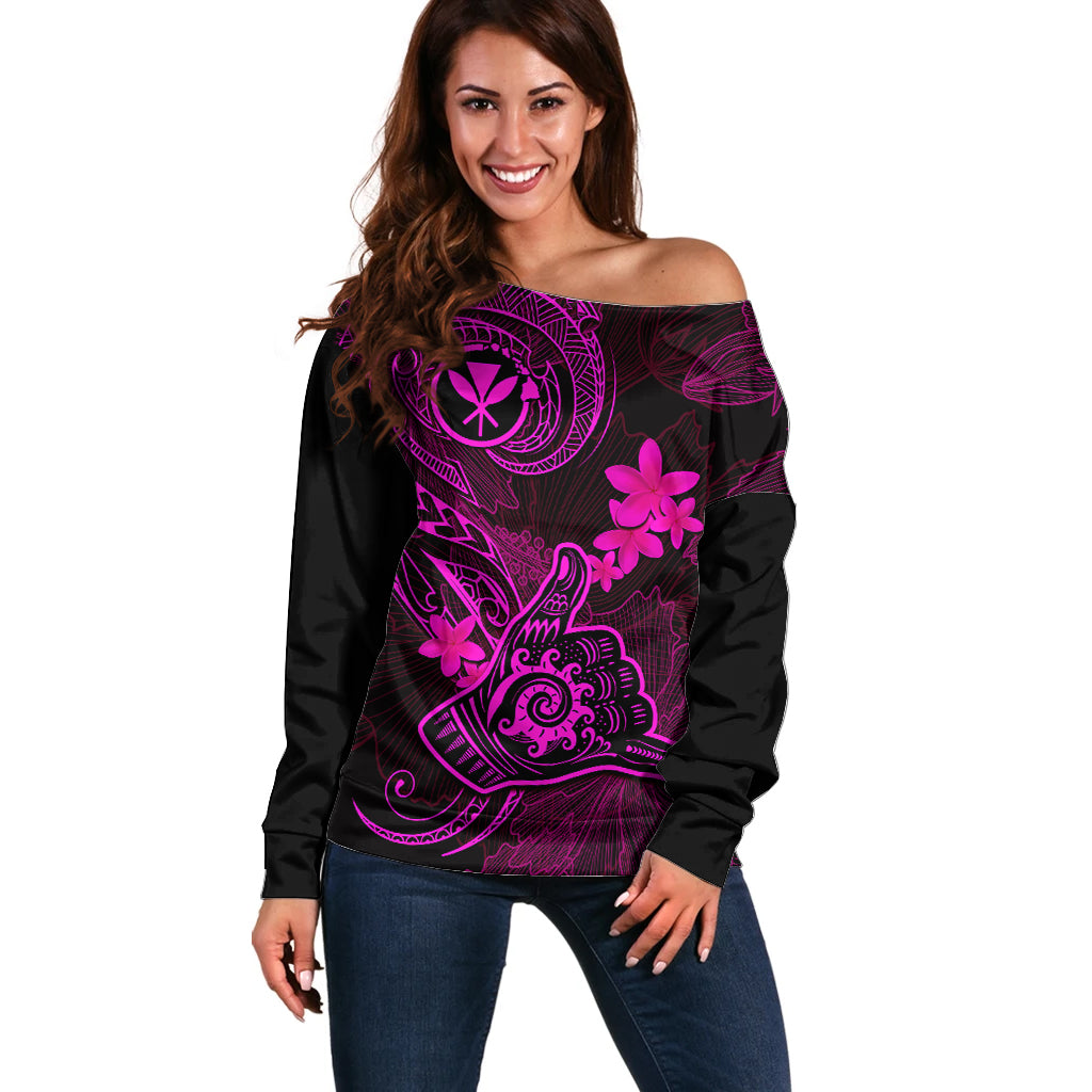 Hawaii Off Shoulder Sweater Shaka Tattoo Mix Polynesian Plumeria Pink Version - Wonder Print Shop