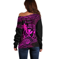 Hawaii Off Shoulder Sweater Shaka Tattoo Mix Polynesian Plumeria Pink Version - Wonder Print Shop
