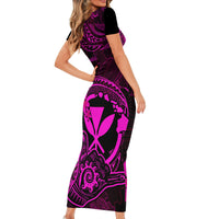 Hawaii Short Sleeve Bodycon Dress Shaka Tattoo Mix Polynesian Plumeria Pink Version - Wonder Print Shop