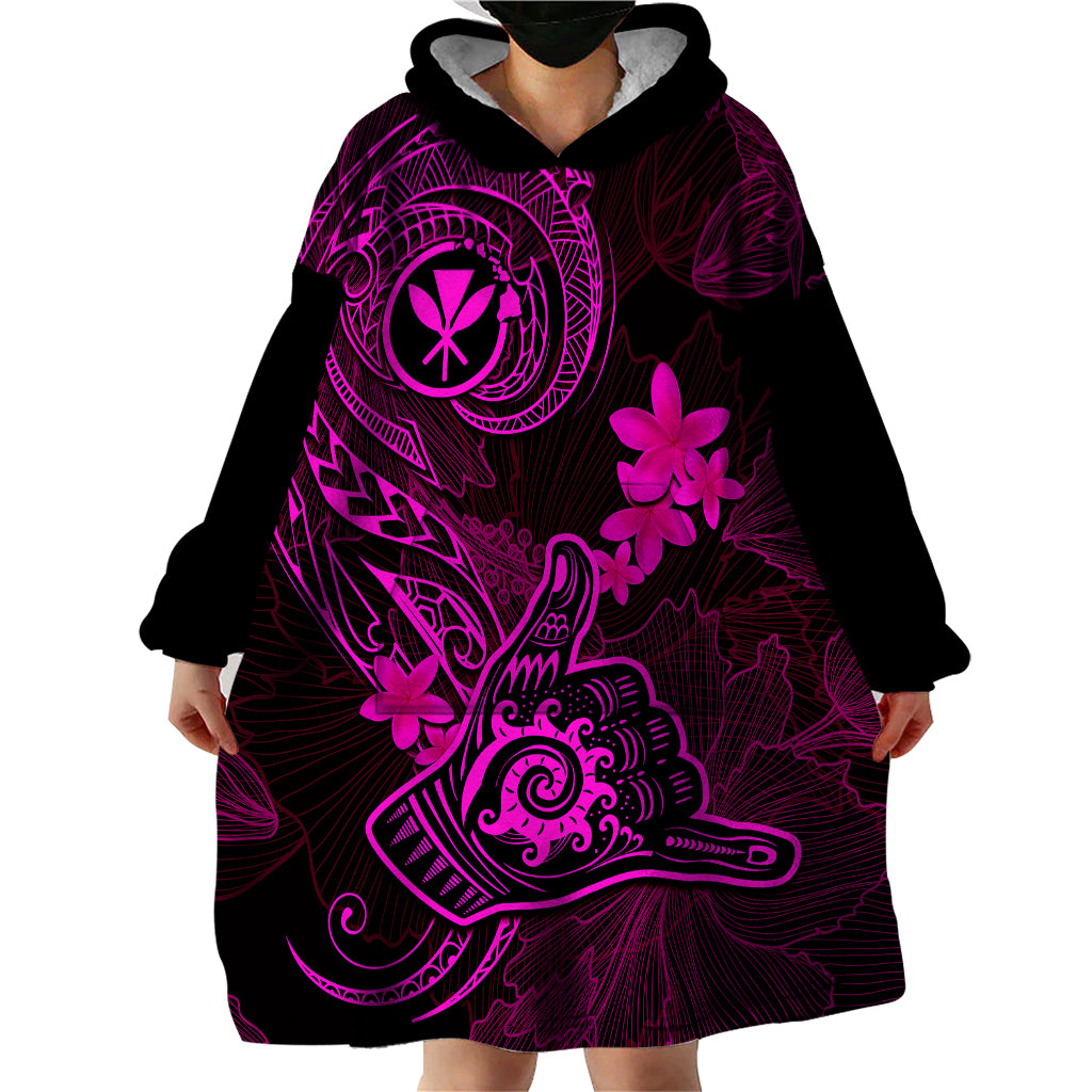 Hawaii Wearable Blanket Hoodie Shaka Tattoo Mix Polynesian Plumeria Pink Version - Wonder Print Shop