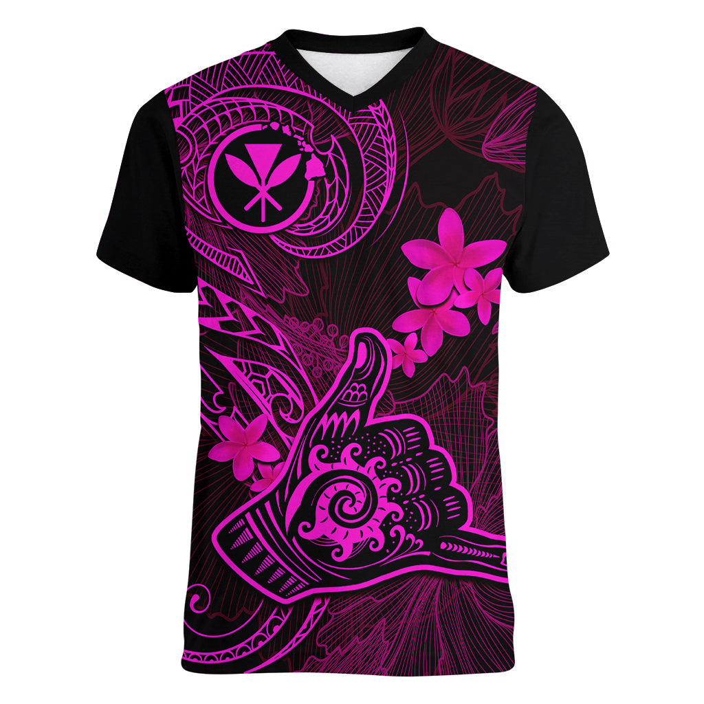 Hawaii Women V Neck T Shirt Shaka Tattoo Mix Polynesian Plumeria Pink Version - Wonder Print Shop
