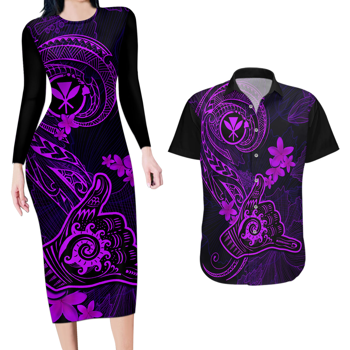 Hawaii Couples Matching Long Sleeve Bodycon Dress and Hawaiian Shirt Shaka Tattoo Mix Polynesian Plumeria Purple Version - Wonder Print Shop