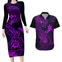 Hawaii Couples Matching Long Sleeve Bodycon Dress and Hawaiian Shirt Shaka Tattoo Mix Polynesian Plumeria Purple Version - Wonder Print Shop