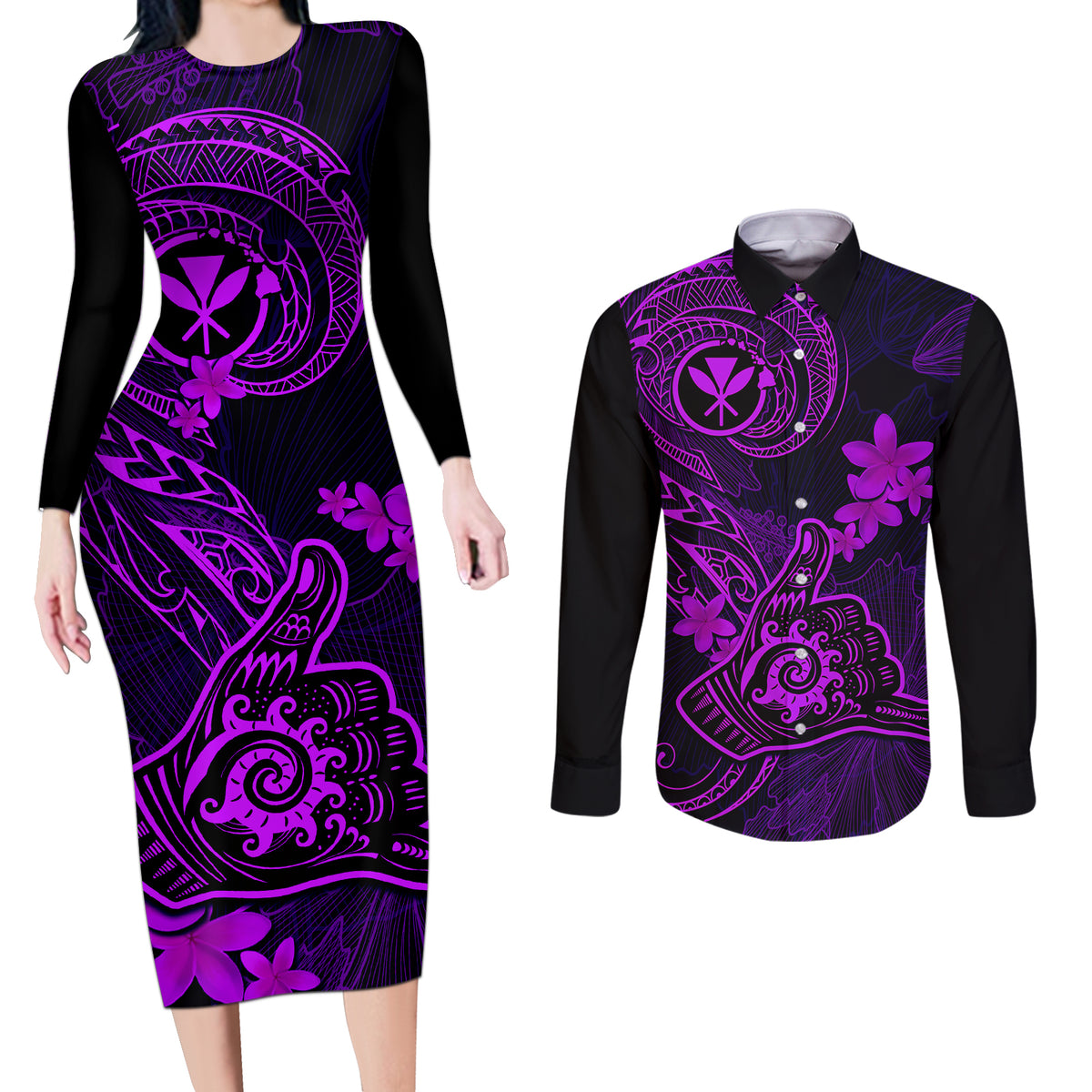 Hawaii Couples Matching Long Sleeve Bodycon Dress and Long Sleeve Button Shirts Shaka Tattoo Mix Polynesian Plumeria Purple Version - Wonder Print Shop
