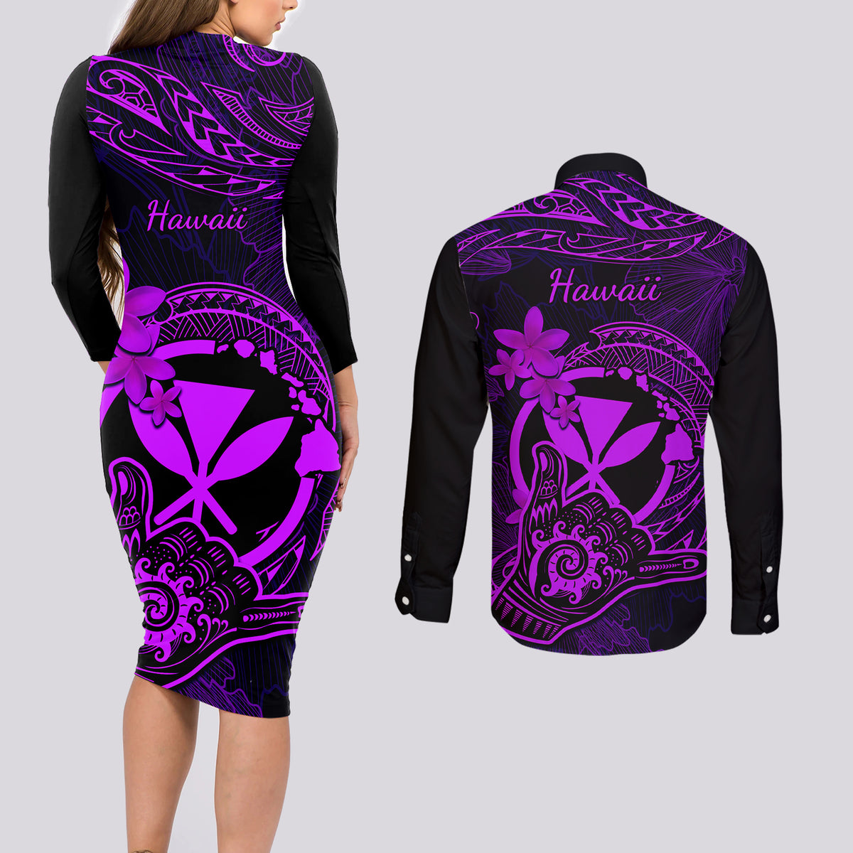Hawaii Couples Matching Long Sleeve Bodycon Dress and Long Sleeve Button Shirts Shaka Tattoo Mix Polynesian Plumeria Purple Version - Wonder Print Shop