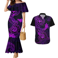 Hawaii Couples Matching Mermaid Dress and Hawaiian Shirt Shaka Tattoo Mix Polynesian Plumeria Purple Version - Wonder Print Shop