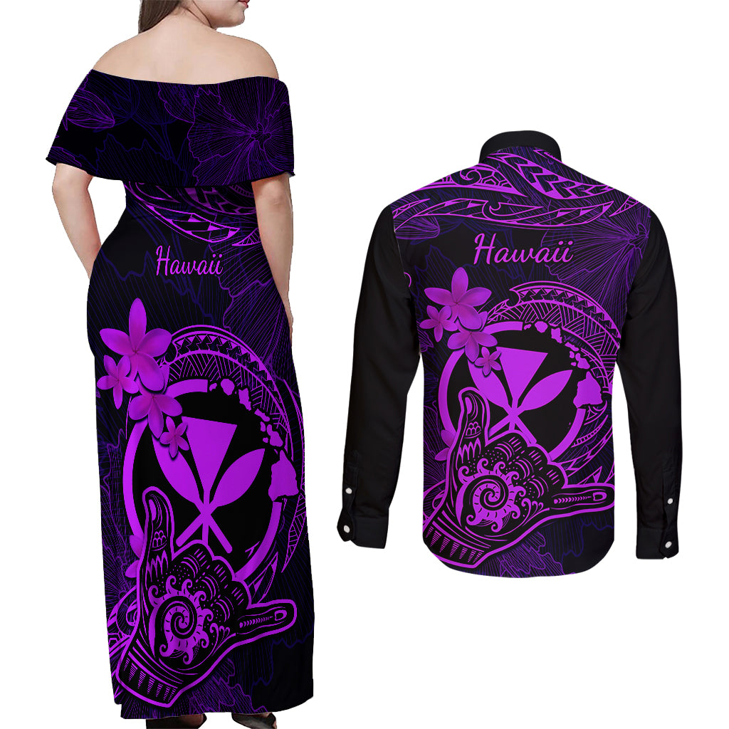 Hawaii Couples Matching Off Shoulder Maxi Dress and Long Sleeve Button Shirts Shaka Tattoo Mix Polynesian Plumeria Purple Version - Wonder Print Shop
