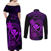 Hawaii Couples Matching Off Shoulder Maxi Dress and Long Sleeve Button Shirts Shaka Tattoo Mix Polynesian Plumeria Purple Version - Wonder Print Shop