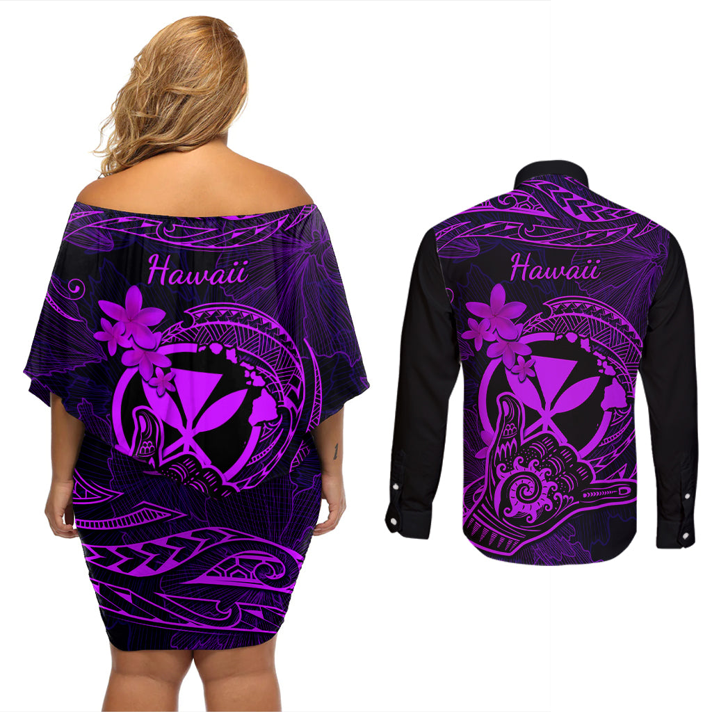 Hawaii Couples Matching Off Shoulder Short Dress and Long Sleeve Button Shirts Shaka Tattoo Mix Polynesian Plumeria Purple Version - Wonder Print Shop