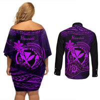 Hawaii Couples Matching Off Shoulder Short Dress and Long Sleeve Button Shirts Shaka Tattoo Mix Polynesian Plumeria Purple Version - Wonder Print Shop