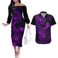 Hawaii Couples Matching Off The Shoulder Long Sleeve Dress and Hawaiian Shirt Shaka Tattoo Mix Polynesian Plumeria Purple Version - Wonder Print Shop