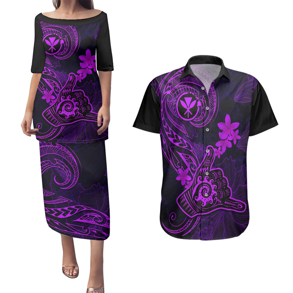 Hawaii Couples Matching Puletasi Dress and Hawaiian Shirt Shaka Tattoo Mix Polynesian Plumeria Purple Version - Wonder Print Shop