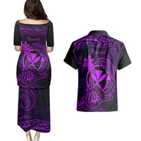 Hawaii Couples Matching Puletasi Dress and Hawaiian Shirt Shaka Tattoo Mix Polynesian Plumeria Purple Version - Wonder Print Shop