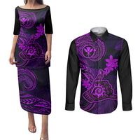 Hawaii Couples Matching Puletasi Dress and Long Sleeve Button Shirts Shaka Tattoo Mix Polynesian Plumeria Purple Version - Wonder Print Shop