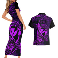Hawaii Couples Matching Short Sleeve Bodycon Dress and Hawaiian Shirt Shaka Tattoo Mix Polynesian Plumeria Purple Version - Wonder Print Shop