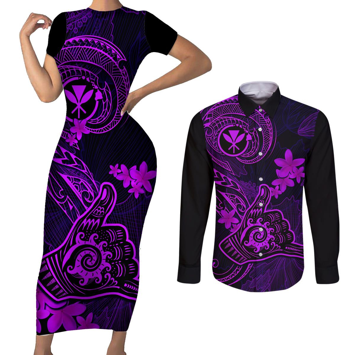 Hawaii Couples Matching Short Sleeve Bodycon Dress and Long Sleeve Button Shirts Shaka Tattoo Mix Polynesian Plumeria Purple Version - Wonder Print Shop