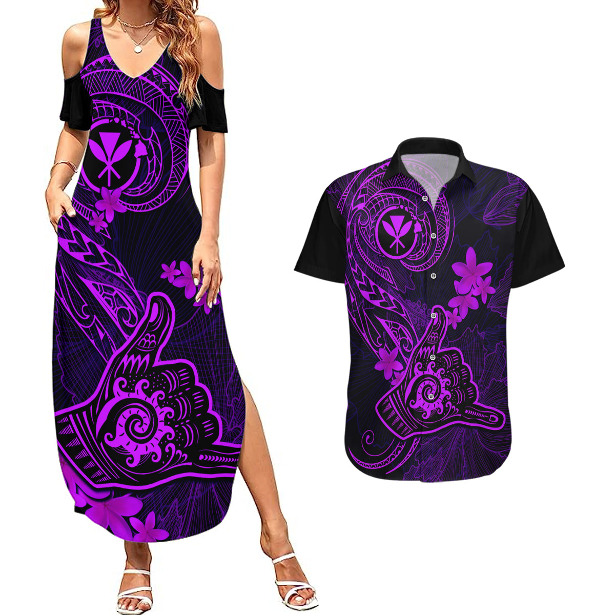 Hawaii Couples Matching Summer Maxi Dress and Hawaiian Shirt Shaka Tattoo Mix Polynesian Plumeria Purple Version - Wonder Print Shop