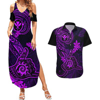 Hawaii Couples Matching Summer Maxi Dress and Hawaiian Shirt Shaka Tattoo Mix Polynesian Plumeria Purple Version - Wonder Print Shop