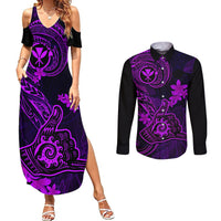 Hawaii Couples Matching Summer Maxi Dress and Long Sleeve Button Shirts Shaka Tattoo Mix Polynesian Plumeria Purple Version - Wonder Print Shop