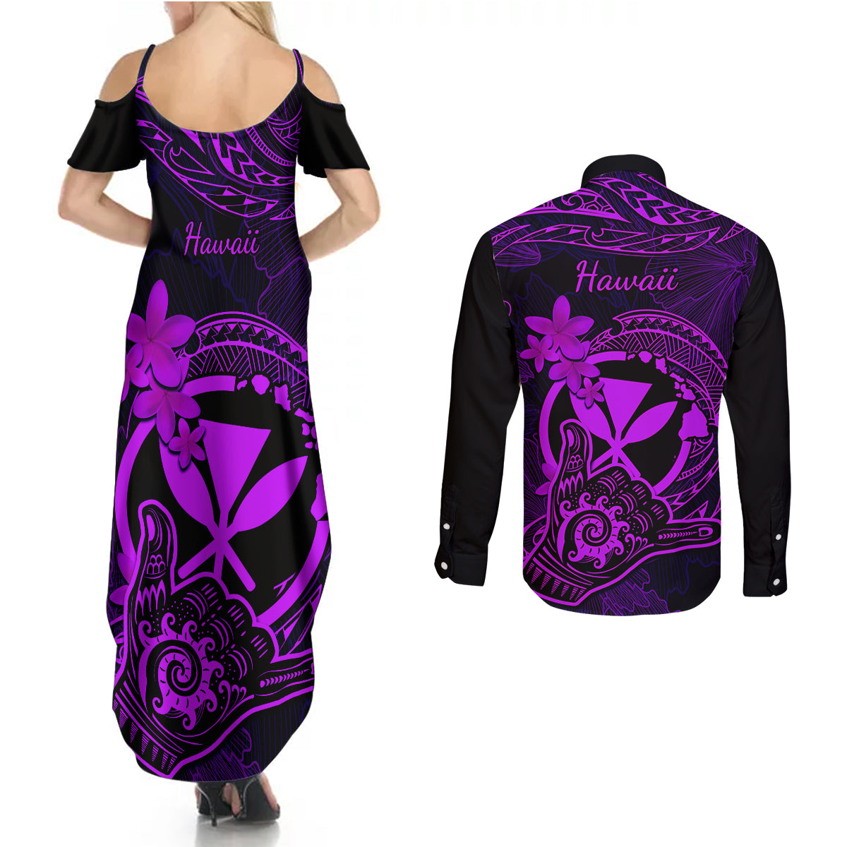 Hawaii Couples Matching Summer Maxi Dress and Long Sleeve Button Shirts Shaka Tattoo Mix Polynesian Plumeria Purple Version - Wonder Print Shop