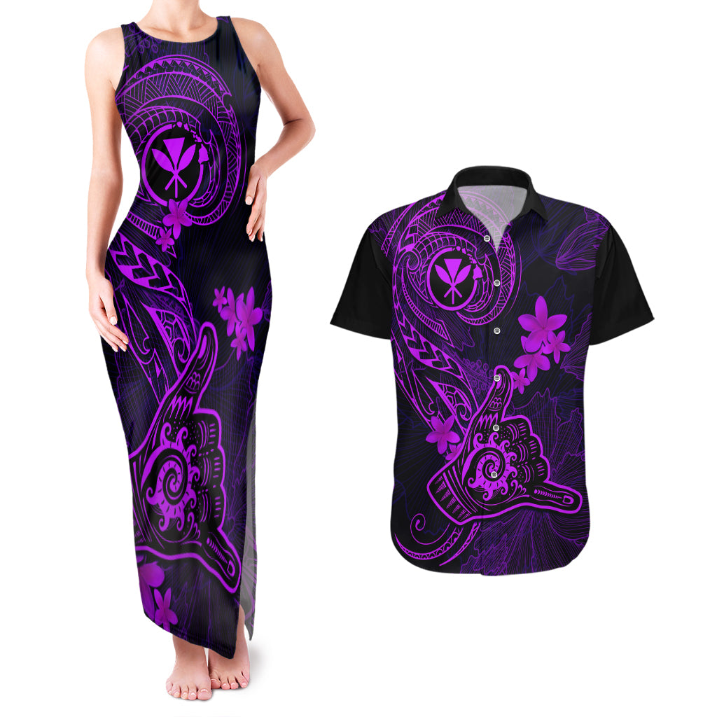 Hawaii Couples Matching Tank Maxi Dress and Hawaiian Shirt Shaka Tattoo Mix Polynesian Plumeria Purple Version - Wonder Print Shop