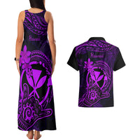 Hawaii Couples Matching Tank Maxi Dress and Hawaiian Shirt Shaka Tattoo Mix Polynesian Plumeria Purple Version - Wonder Print Shop