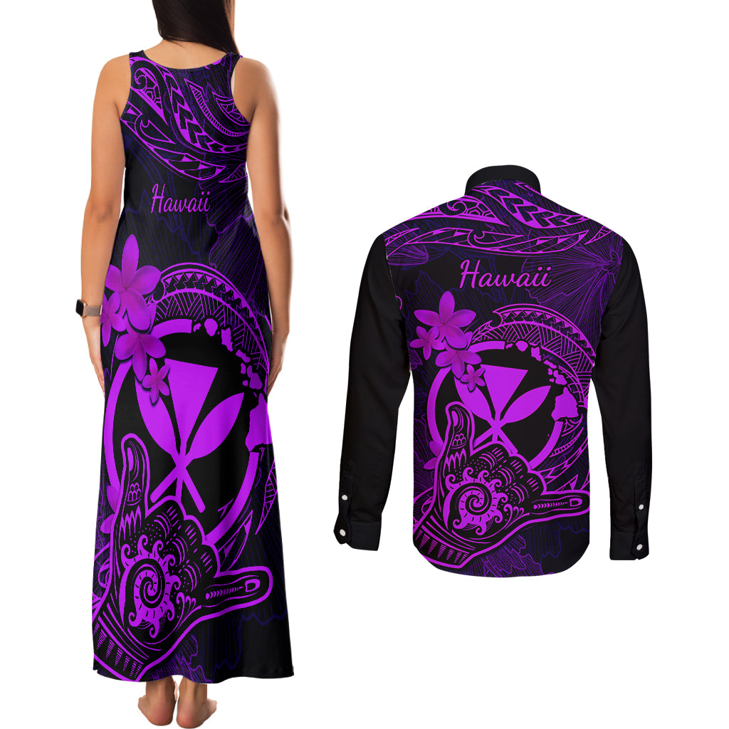 Hawaii Couples Matching Tank Maxi Dress and Long Sleeve Button Shirts Shaka Tattoo Mix Polynesian Plumeria Purple Version - Wonder Print Shop