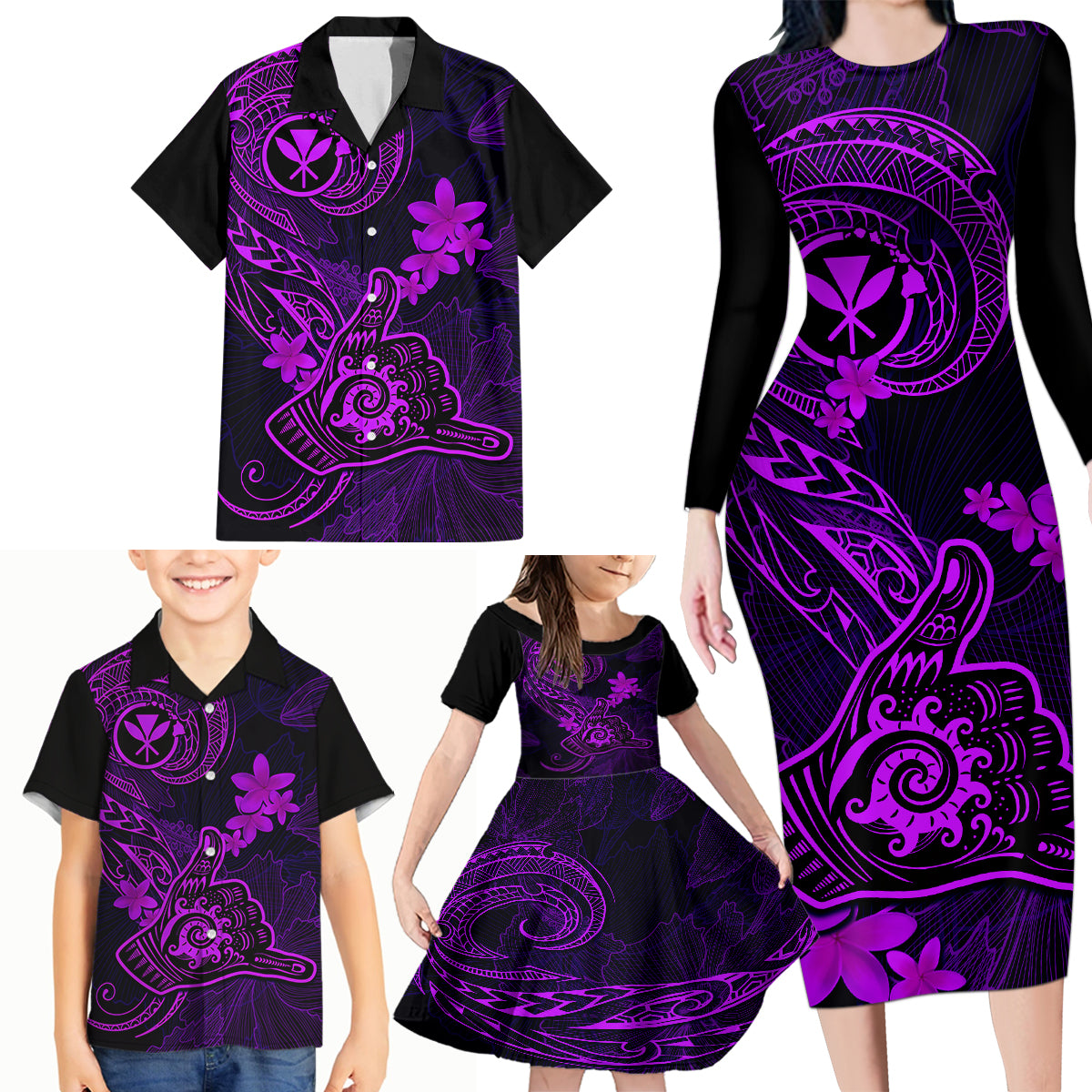 Hawaii Family Matching Long Sleeve Bodycon Dress and Hawaiian Shirt Shaka Tattoo Mix Polynesian Plumeria Purple Version - Wonder Print Shop