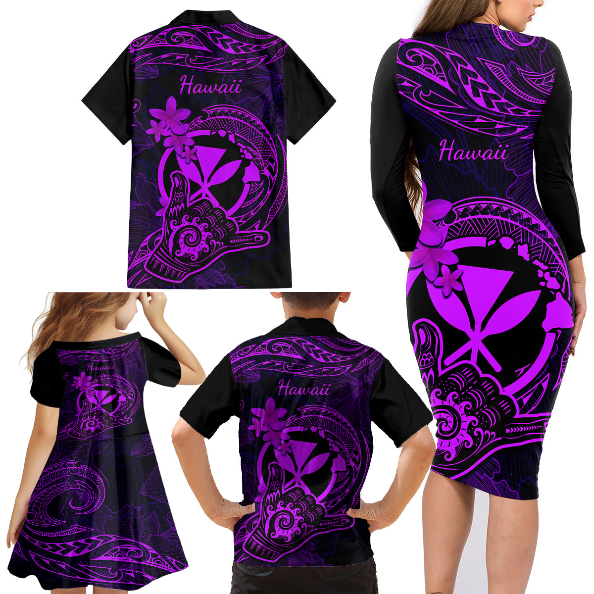 Hawaii Family Matching Long Sleeve Bodycon Dress and Hawaiian Shirt Shaka Tattoo Mix Polynesian Plumeria Purple Version - Wonder Print Shop