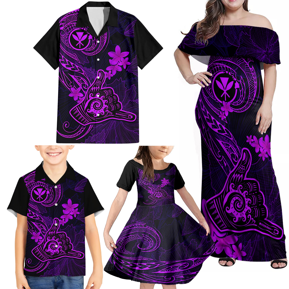 Hawaii Family Matching Off Shoulder Maxi Dress and Hawaiian Shirt Shaka Tattoo Mix Polynesian Plumeria Purple Version - Wonder Print Shop