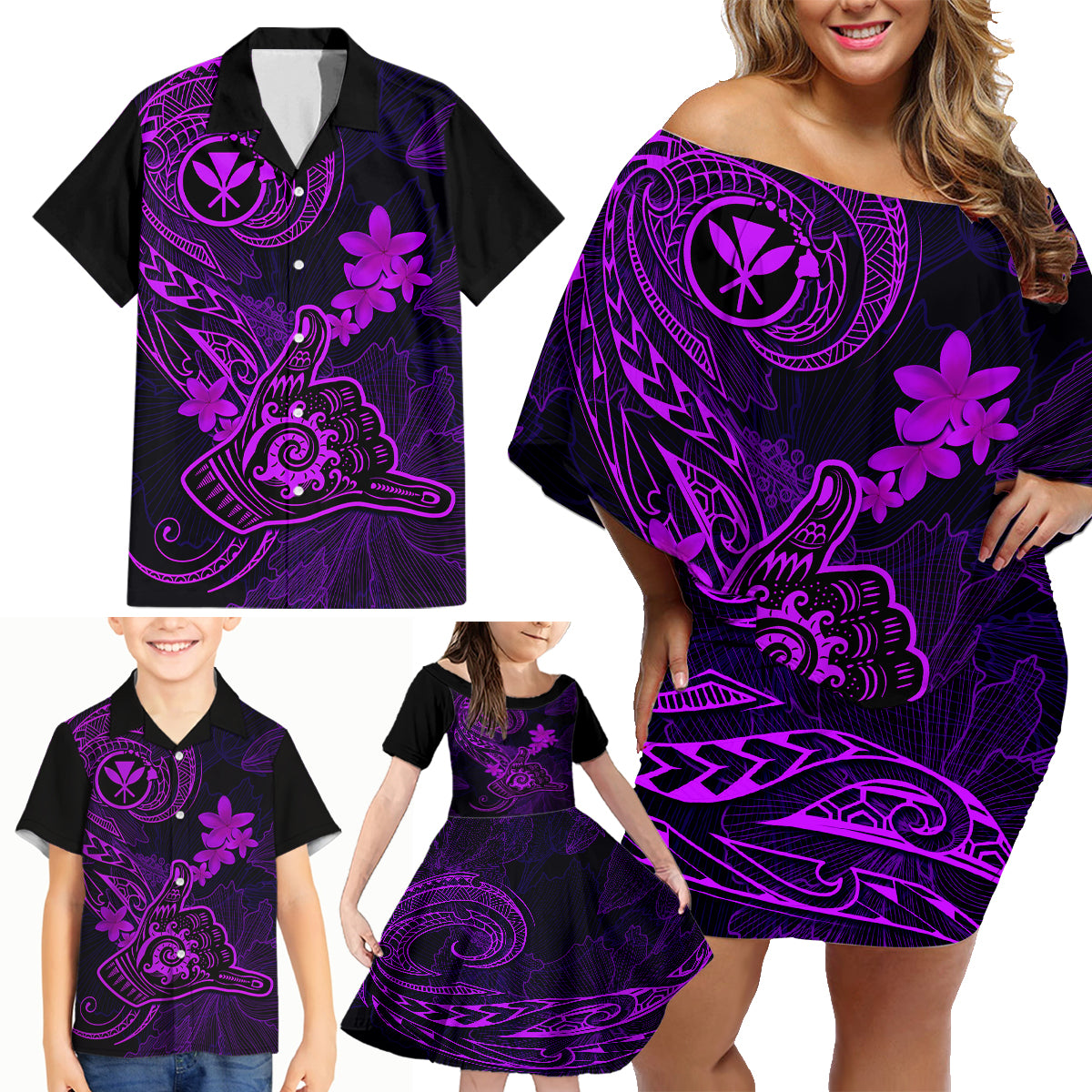 Hawaii Family Matching Off Shoulder Short Dress and Hawaiian Shirt Shaka Tattoo Mix Polynesian Plumeria Purple Version - Wonder Print Shop