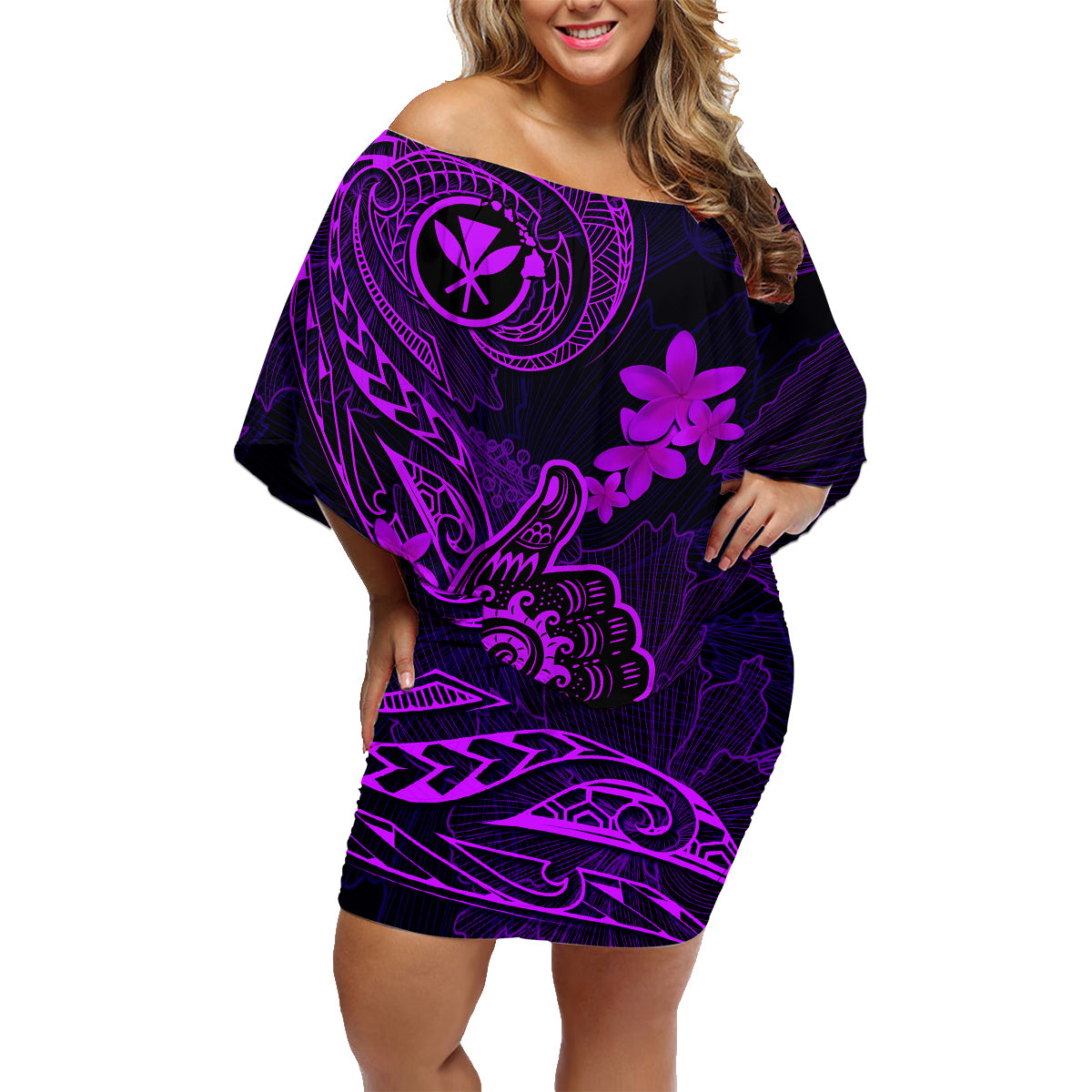Hawaii Family Matching Off Shoulder Short Dress and Hawaiian Shirt Shaka Tattoo Mix Polynesian Plumeria Purple Version - Wonder Print Shop